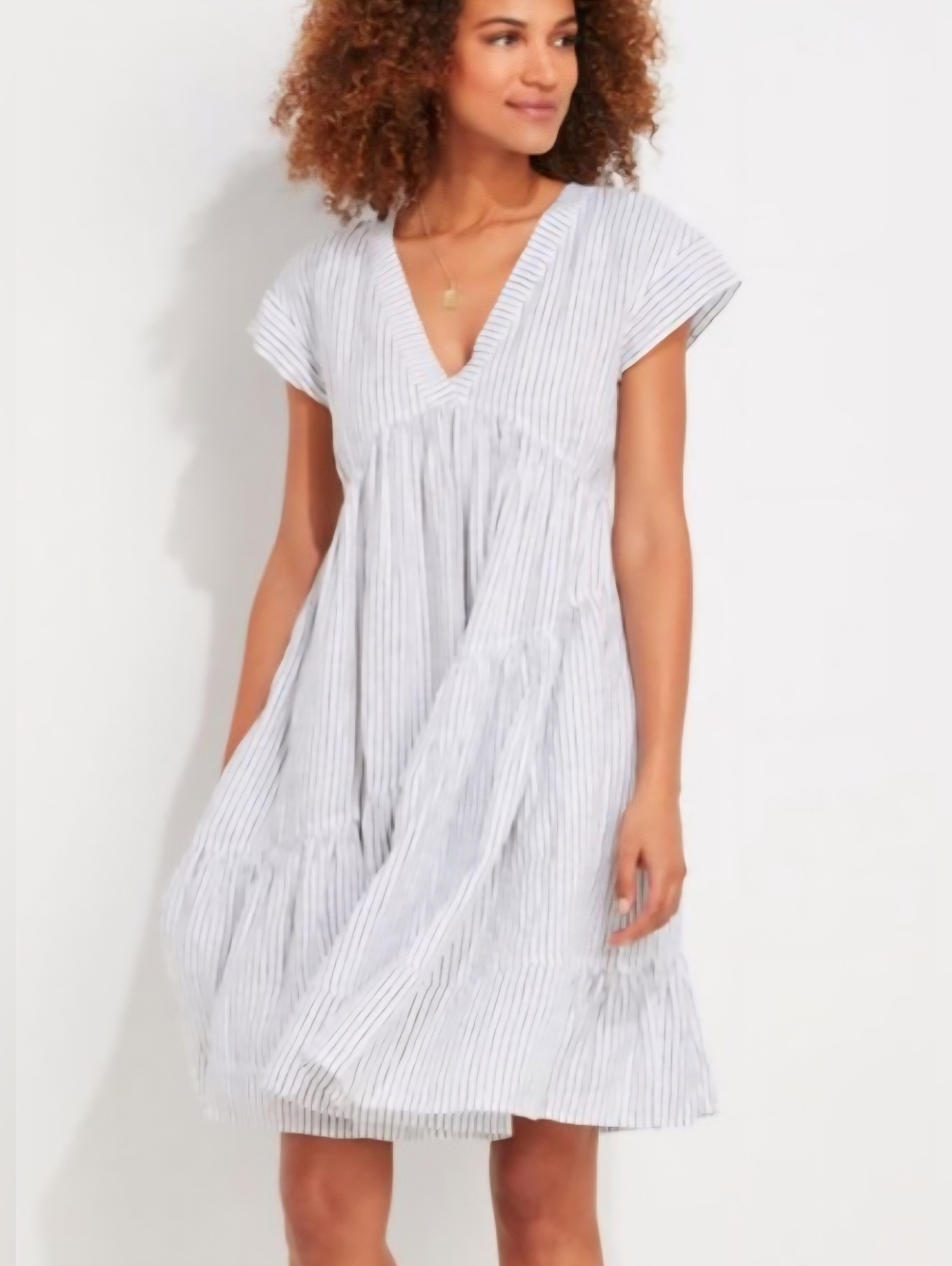 VINYARD VINES JET STRIPE 100% LINEN TIERED DRESS